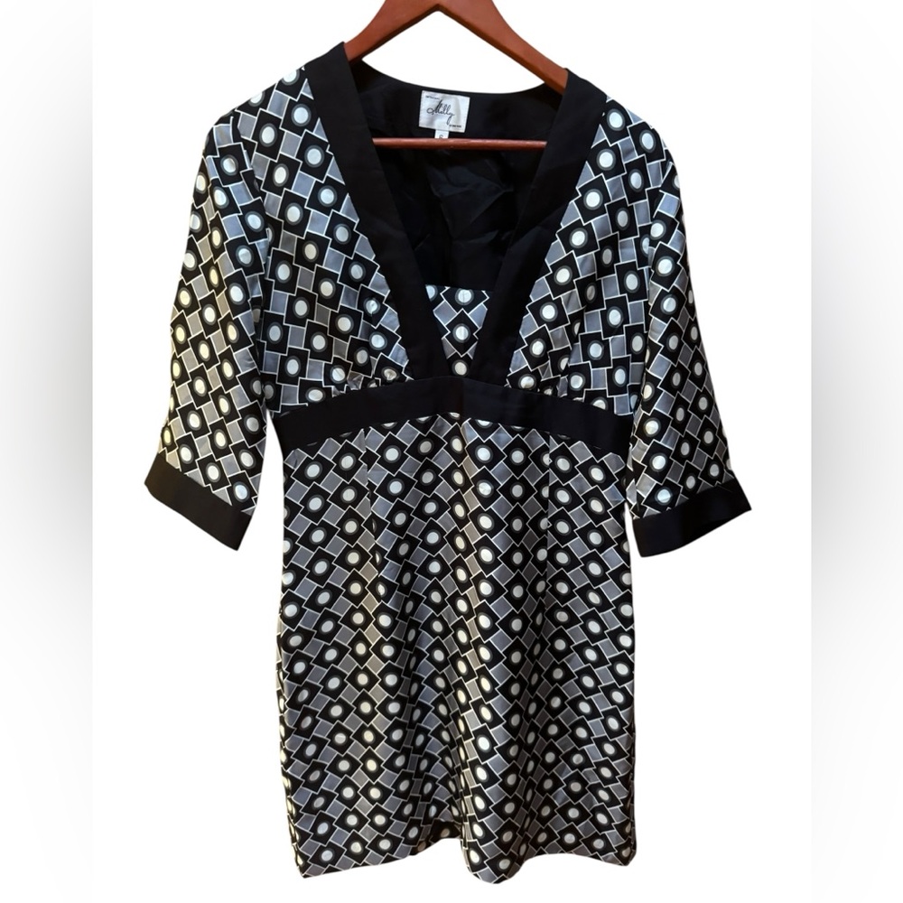Y2K Milly 100% Silk Lined Mod Geometric Print Empire‎ Waist Mini Dress